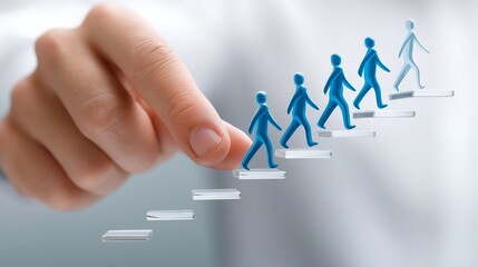 A hand guides a group of symbolic people up a staircase representing leadership, business development and employee growth strategies, Generative AI