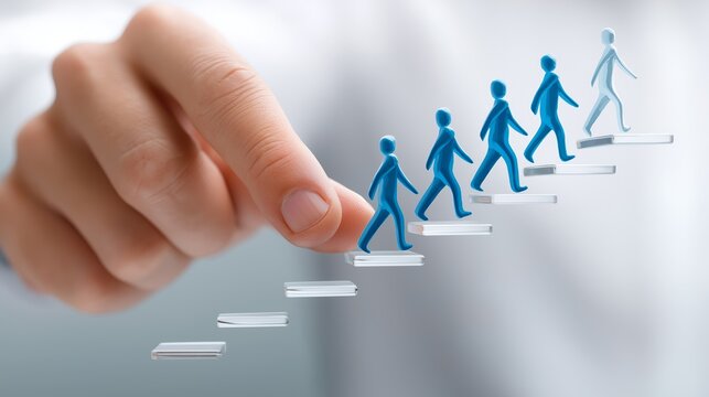 A hand guides a group of symbolic people up a staircase representing leadership, business development and employee growth strategies, Generative AI