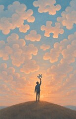 Man Holding Puzzle Piece Toward Sky of Cloud Pieces at Sunset on Hilltop