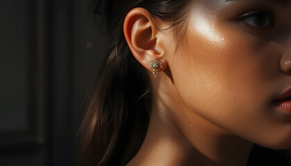 Close-up of a young woman's face in partial shadow, highlighting her ear and earring, with a focus on skin texture and lighting.