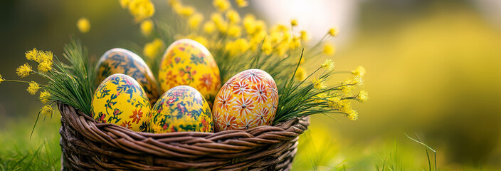 Basket of Easter Eggs Hand-Painted with Mimosa on Grass