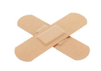 Two beige medical adhesive bandages, textured with dots and light absorbent pads, overlap in an 'X' shape on a pristine bright white background with negative space, with even shadowless studio