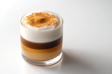 A beautifully layered latte macchiato in a clear glass, topped with milk foam and a dusting of cinnamon powder.