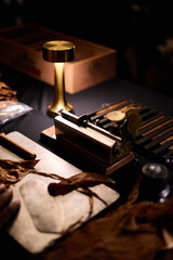 Vintage Tobacco Cutter and Brass Lamp