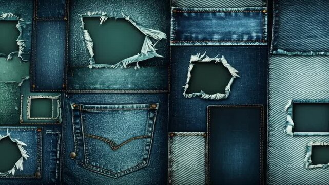 A patchwork of denim, some worn with holes and tears, arranged with an artistic eye. Various fabric textures and hues are featured