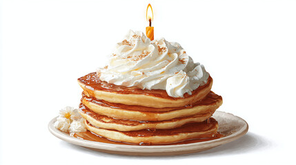 Stack of pancakes topped with whipped cream and candle, breakfast birthday theme, transparent background