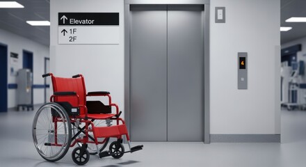 Red wheelchair stands ready by a modern hospital elevator symbolizing patient care mobility and accessible healthcare services