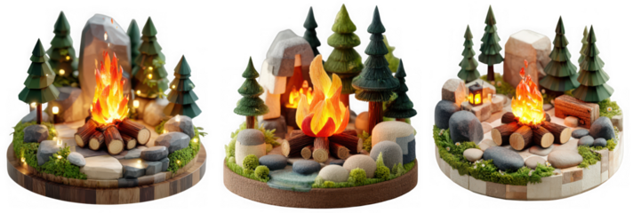 Three miniature campsite scenes with glowing campfires and surrounding nature isolated on transparent background