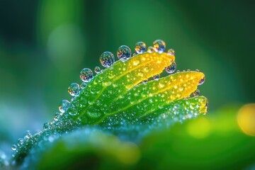 A stunning macro photo captures glistening morning dew drops resting on the edges of a green and yellow leaf.
