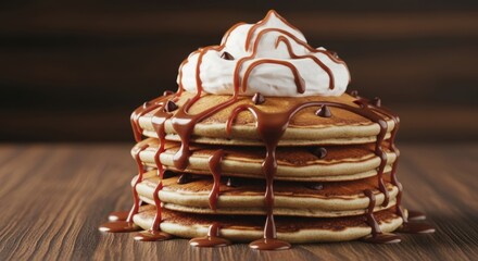 Delicious stack of pancakes topped with whipped cream chocolate chips and caramel syrup on a wooden table for a sweet breakfast treat