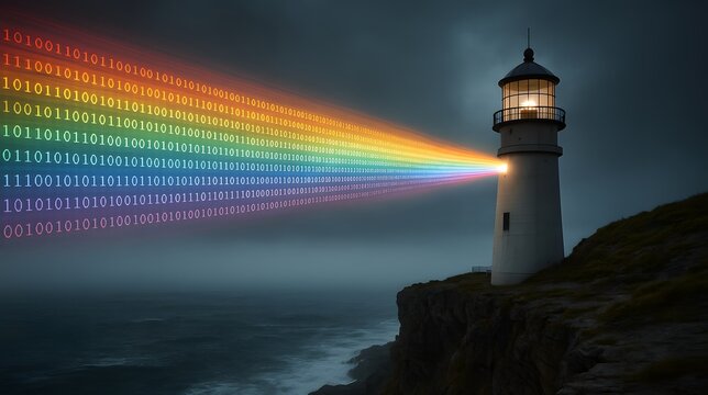 Lighthouse Emitting Rainbow Binary Code Over Ocean Cliff at Night
