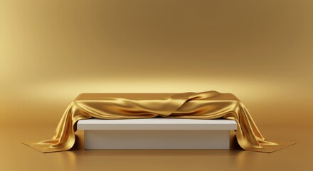 A golden cloth draped over a white rectangular pedestal, creating a luxurious presentation.