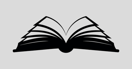 Open Book Silhouette Illustration for Education and Knowledge Concepts, Featuring Black and White Design with Pages and Spine, Ideal for Library, Reading, and Learning Projects, Isolated on Grey
