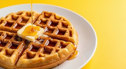 Delicious waffle with butter and maple syrup on a bright yellow background creating a vibrant and appetizing food photo