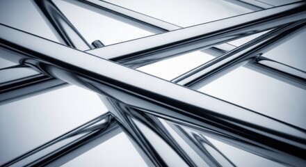 An abstract composition of intersecting shiny chrome pipes and tubes