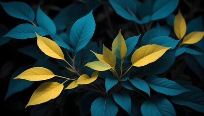 Vibrant teal and yellow leaves create a striking, artistic botanical close-up image.