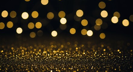 Sparkling golden glitter surface with blurred bokeh lights in the background creating a festive and elegant atmosphere.