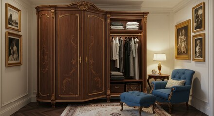 A luxurious bedroom interior featuring a large wooden wardrobe, armchair, and artwork.