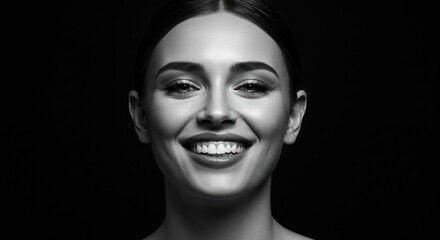 A smiling woman's radiant face, captured in a dramatic black and white portrait.