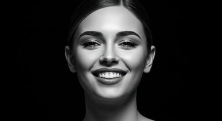 A radiant woman with a bright smile, captured in a studio portrait against a dark background.