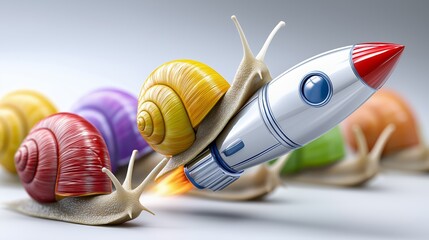 Whimsical scene of striped snail riding red rocket through air in surreal concept of speed versus slowness and humorous imagination, Generative AI
