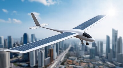 Futuristic solar-powered aircraft gliding over modern city skyline in bright sunlight representing eco aviation and smart clean energy, Generative AI