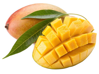 Ripe cut mango with green leaf. Isolated on a transparent background.