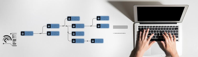 Blockchain structure showing distributed data blocks linked with encryption, representing secure...