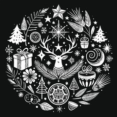 Black and White Vintage Christmas Vector Illustration with Holiday Elements and Winter Decorations