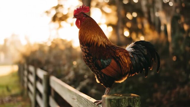 Rooster basking in morning sunlight on a wooden fence
