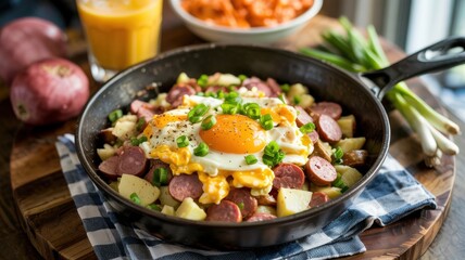 Sausages for breakfast in a hurry. 
The finished dish is sprinkled with cheese and green onions. It is served in a frying pan on a wooden table.
