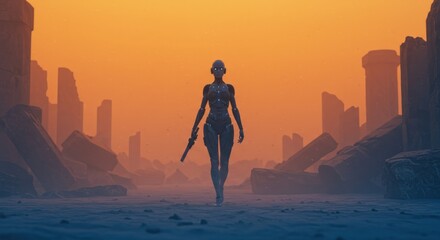 A futuristic humanoid figure walks through a desolate, apocalyptic landscape.