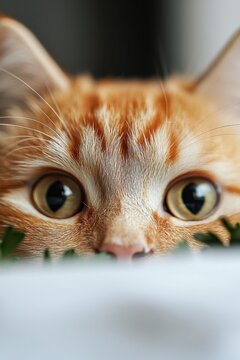 Playful Close-Up of Ginger Cat Eyes Peeking Over an Edge