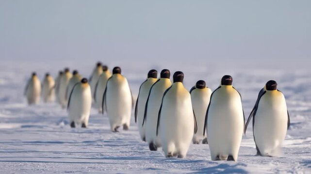 emperor penguins marching in snow