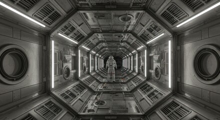 A lone astronaut in a futuristic, gray corridor of a spaceship.
