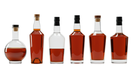 Six clear glass bottles of various shapes, filled with amber spirits like whiskey or rum, with corks or screw caps, arranged in a straight line on a seamless transparent studio background, slightly