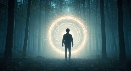 Silhouette of a man facing a luminous portal in a mysterious, misty forest.