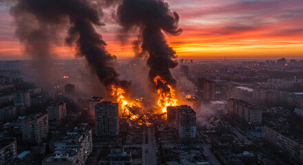 Aerial view of burning buildings in a city at sunset with smoke rising upwards