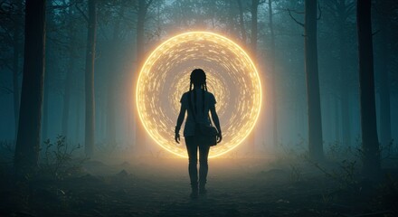 Silhouetted woman approaches a glowing, circular portal in a dark, mysterious forest.
