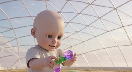 A bald baby plays with colorful plastic toys inside a geodesic dome.