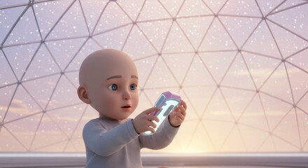 Animated baby looking at a glowing futuristic device, inside a dome.