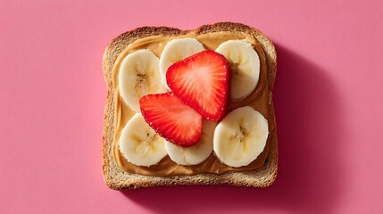Delicious peanut butter toast with banana and strawberry breakfast recipe