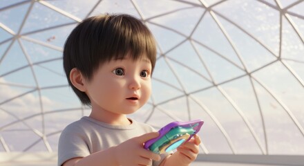 A young child with dark hair holds a toy under a geodesic dome, looking upwards with a curious expression.