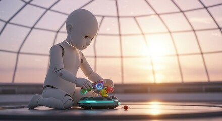 A childlike robot plays with futuristic toys inside a glass dome structure at sunset.