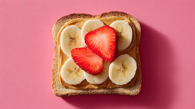 Delicious peanut butter toast with banana and strawberry breakfast recipe