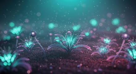 Glowing alien plants with luminescent leaves and orbs in a surreal, vibrant field.
