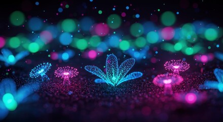 Abstract glowing flowers in a field with blurred bokeh lights in the background.