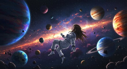 A lone astronaut floats amongst vibrant planets and cosmic nebulas, in deep space.