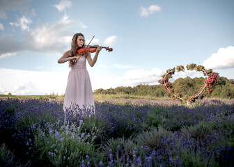 A beautiful violinist, young female with long hair plays her viola in lavender field. Music artist plays violin an outdoor setting. Violinist seats near haystack and plays alto viola © Антонина Шатревич