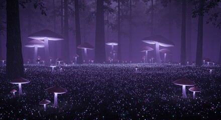A mystical forest scene with glowing purple mushrooms and tall trees.